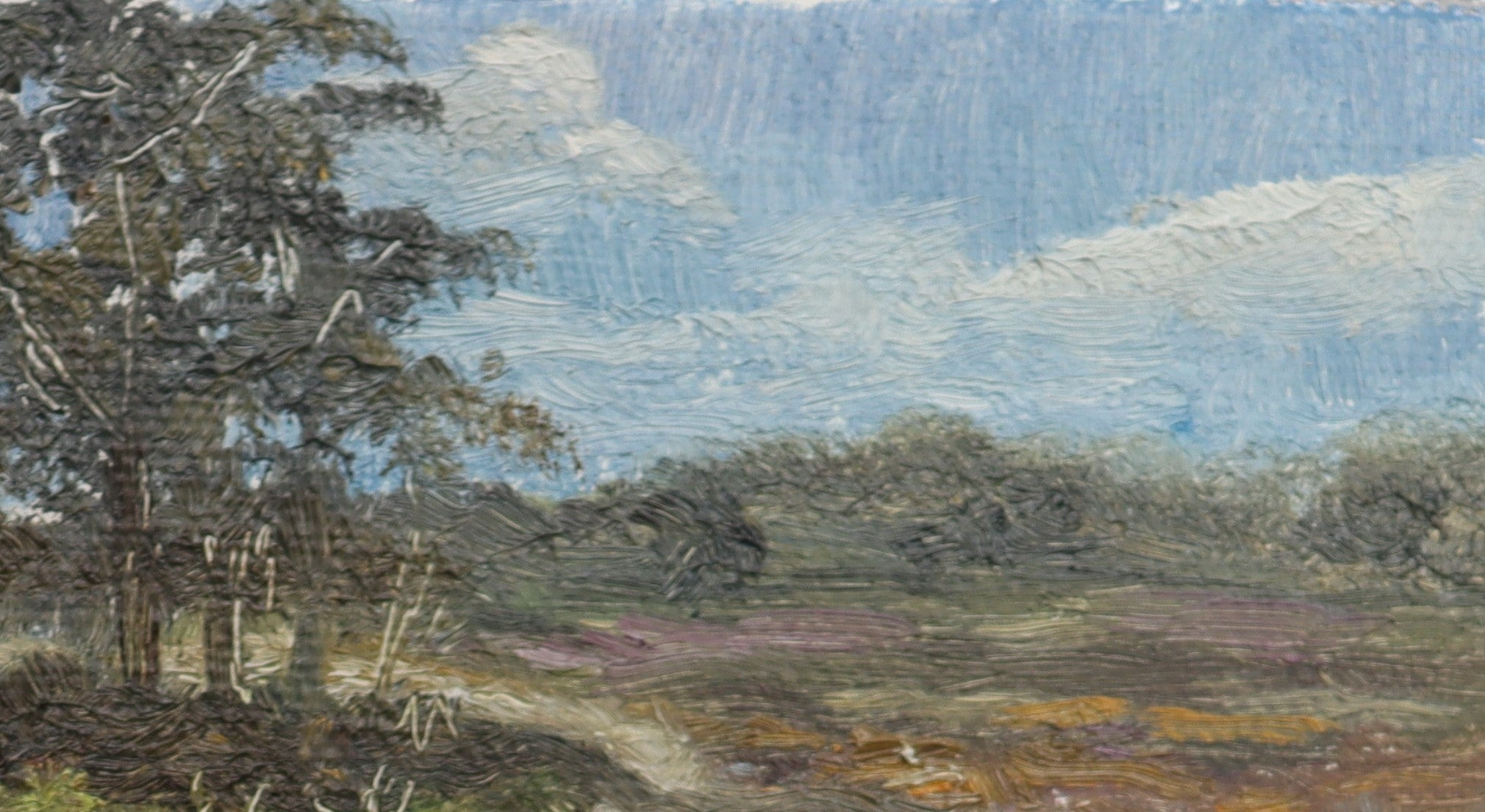 Painting of a landscape with trees and a field under a blue sky.