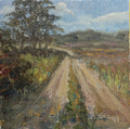 Original oil painting of a country road leading into open fields, simple English countryside scene framed