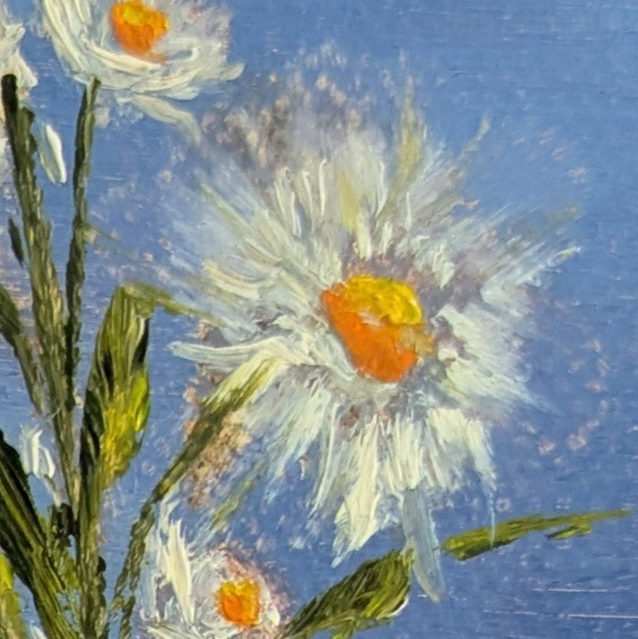 Original oil painting of daisies, cheerful white flowers in a simple floral still life by Marta Stolarska