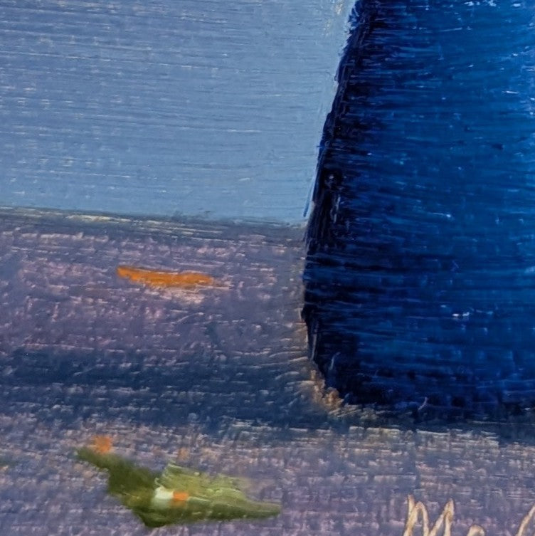 Close-up of a textured blue surface with a small green object on it. Original oil painting of daisies, cheerful white flowers in a simple floral still life by Marta Stolarska