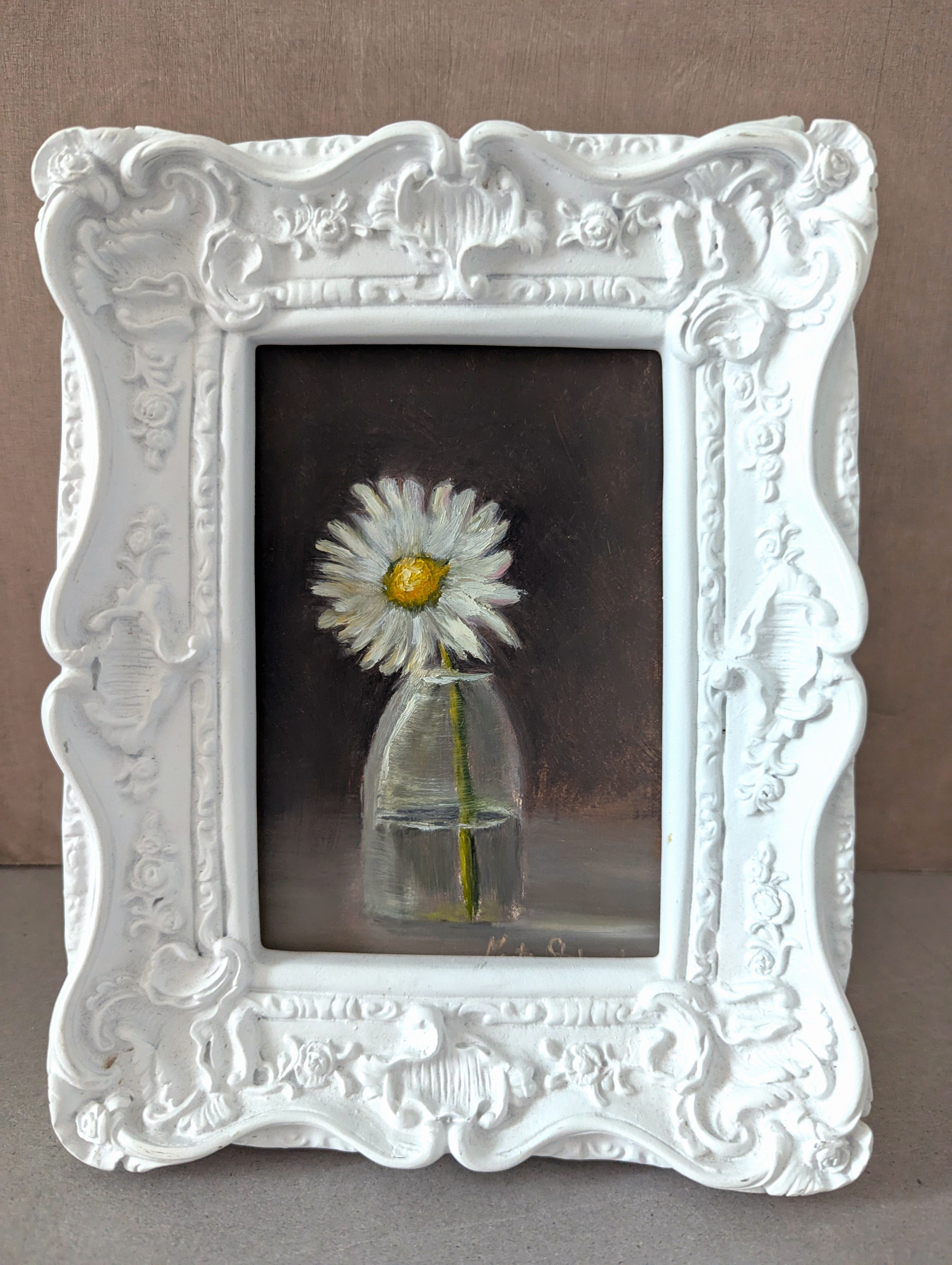 The Garden Daisy original oil painting hung on a wall - white daisy in glass vase in ornate white rococo-style clay frame, approx. 18.5 x 23.5 cm, by Marta Stolarska Fine Art, can hang or stand