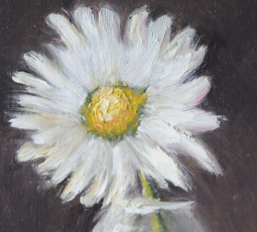 Close-up detail of The Garden Daisy - white daisy petals and golden centre in a small glass vase, expressive oil brushwork painted from life by Marta Stolarska