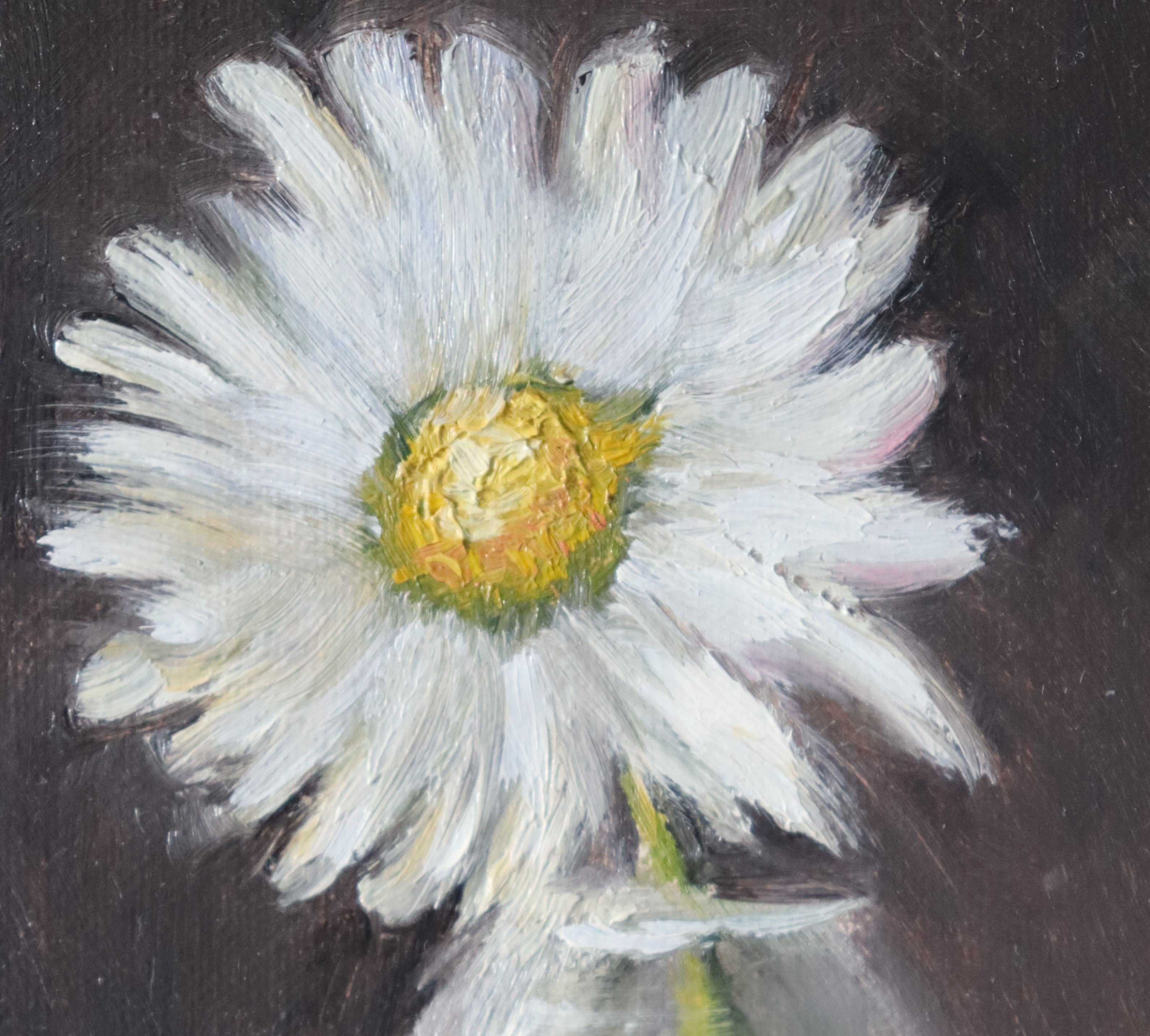 Close-up detail of The Garden Daisy - white daisy petals and golden centre in a small glass vase, expressive oil brushwork painted from life by Marta Stolarska