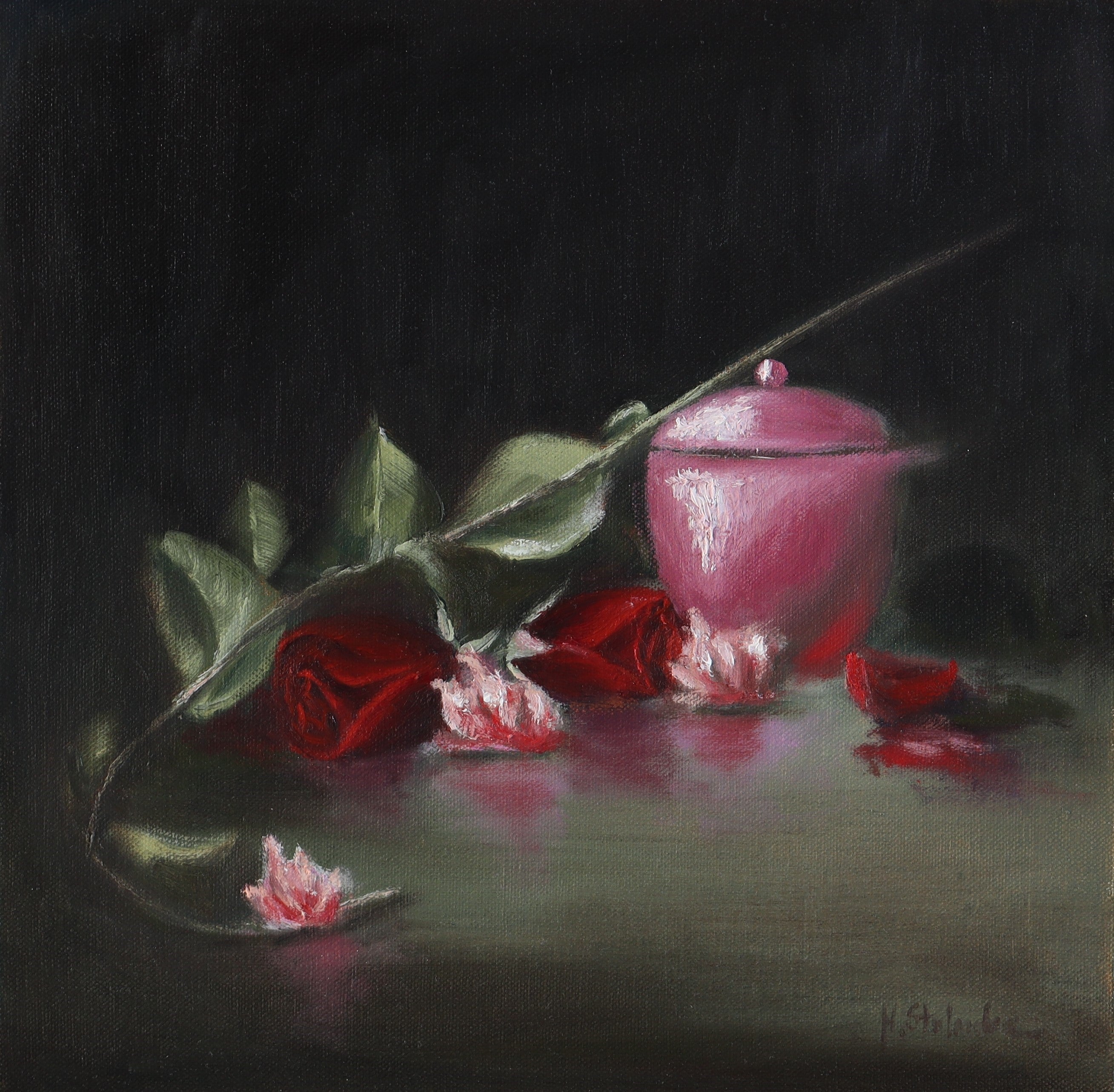 Darkness and Roses - original oil still life by Marta Stolarska, red roses and small pink jewellery pot emerging from darkness with strategic light, chiaroscuro painting on cradled wooden panel, 30x30cm