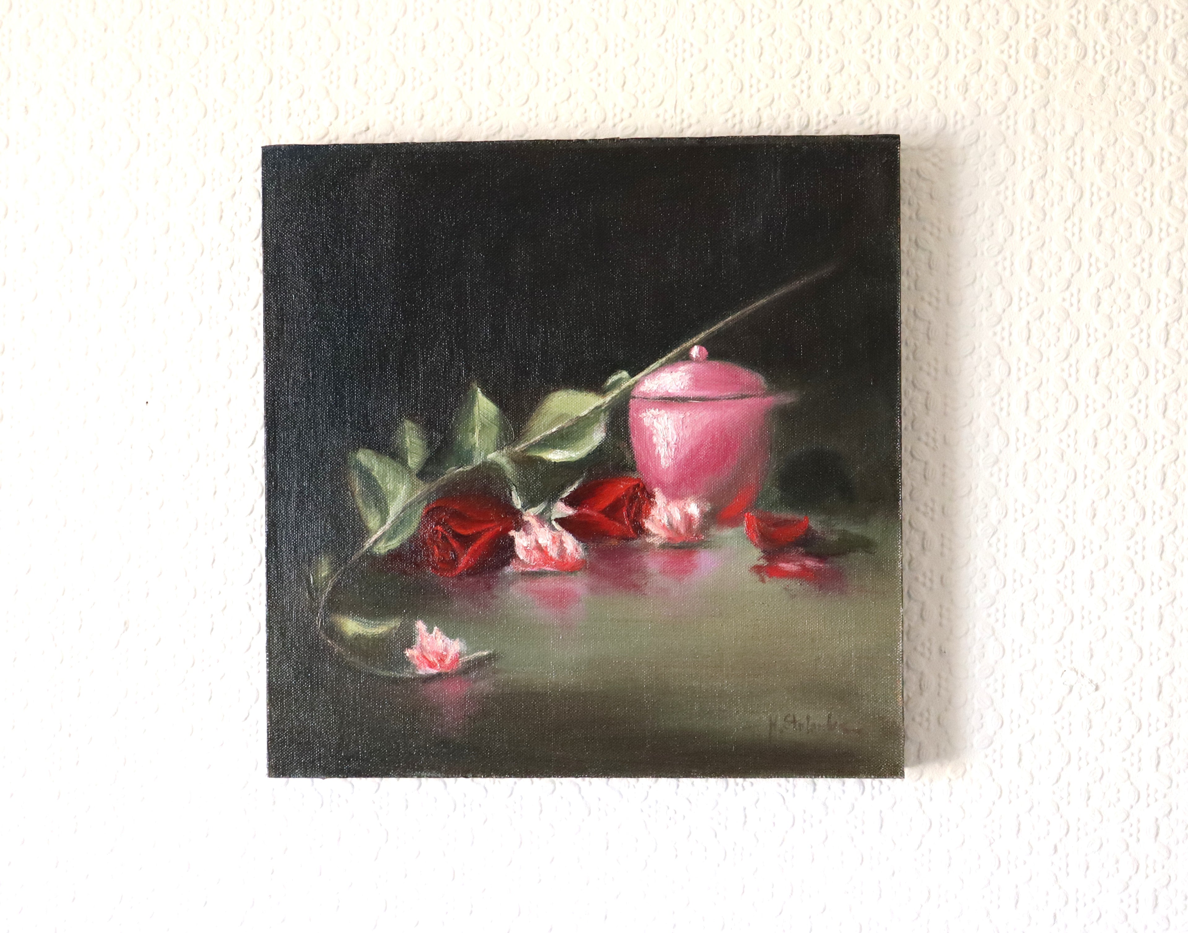 Darkness and Roses original oil still life hung on a wall - red roses and pink jewellery pot in dramatic dark background, 30x30cm cradled wooden panel by Marta Stolarska Fine Art, ready to hang