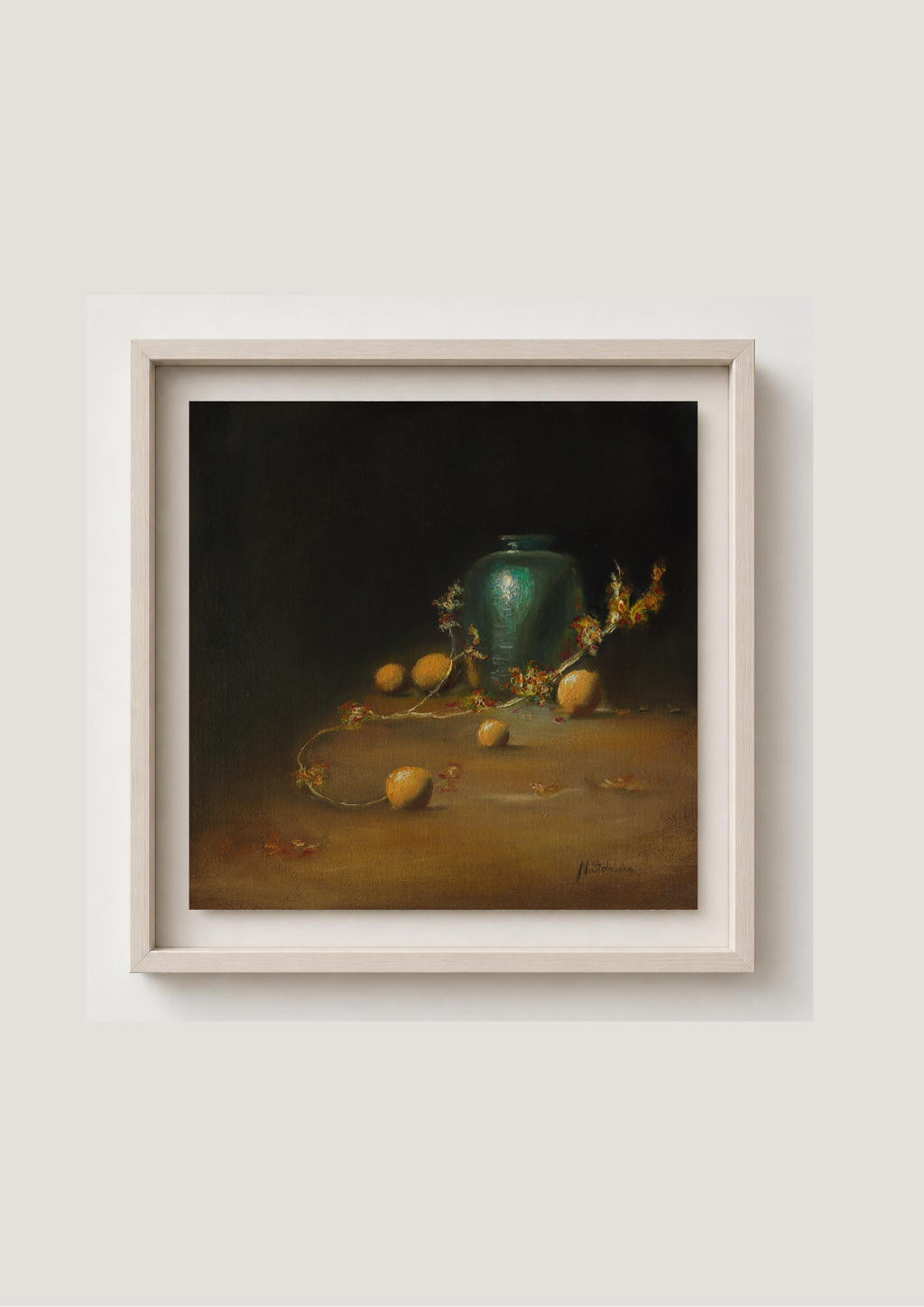 Emerging from the Shadows - original oil still life by Marta Stolarska, tall teal vase with light bouncing off its surface emerging from darkness, with oranges and branch, chiaroscuro painting on cradled wooden panel, 30x30cm