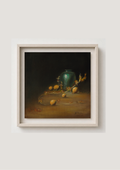 Emerging from the Shadows - original oil still life by Marta Stolarska, tall teal vase with light bouncing off its surface emerging from darkness, with oranges and branch, chiaroscuro painting on cradled wooden panel, 30x30cm