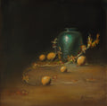 Emerging from the Shadows - original oil still life by Marta Stolarska, tall teal vase with light bouncing off its surface emerging from darkness, with oranges and branch, chiaroscuro painting on cradled wooden panel, 30x30cm