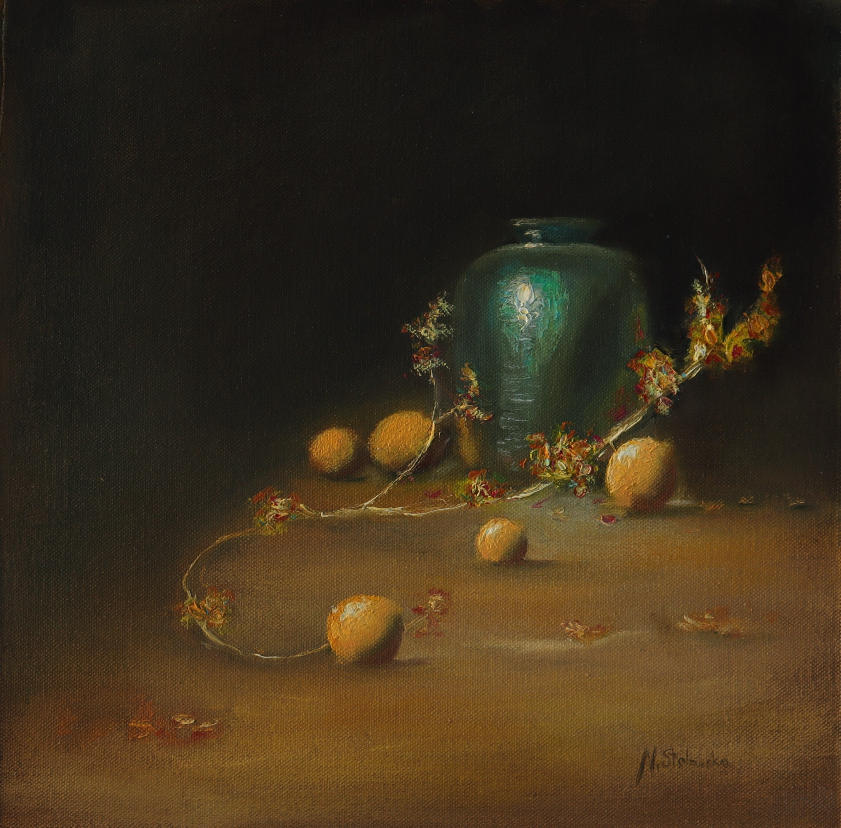 Emerging from the Shadows - original oil still life by Marta Stolarska, tall teal vase with light bouncing off its surface emerging from darkness, with oranges and branch, chiaroscuro painting on cradled wooden panel, 30x30cm