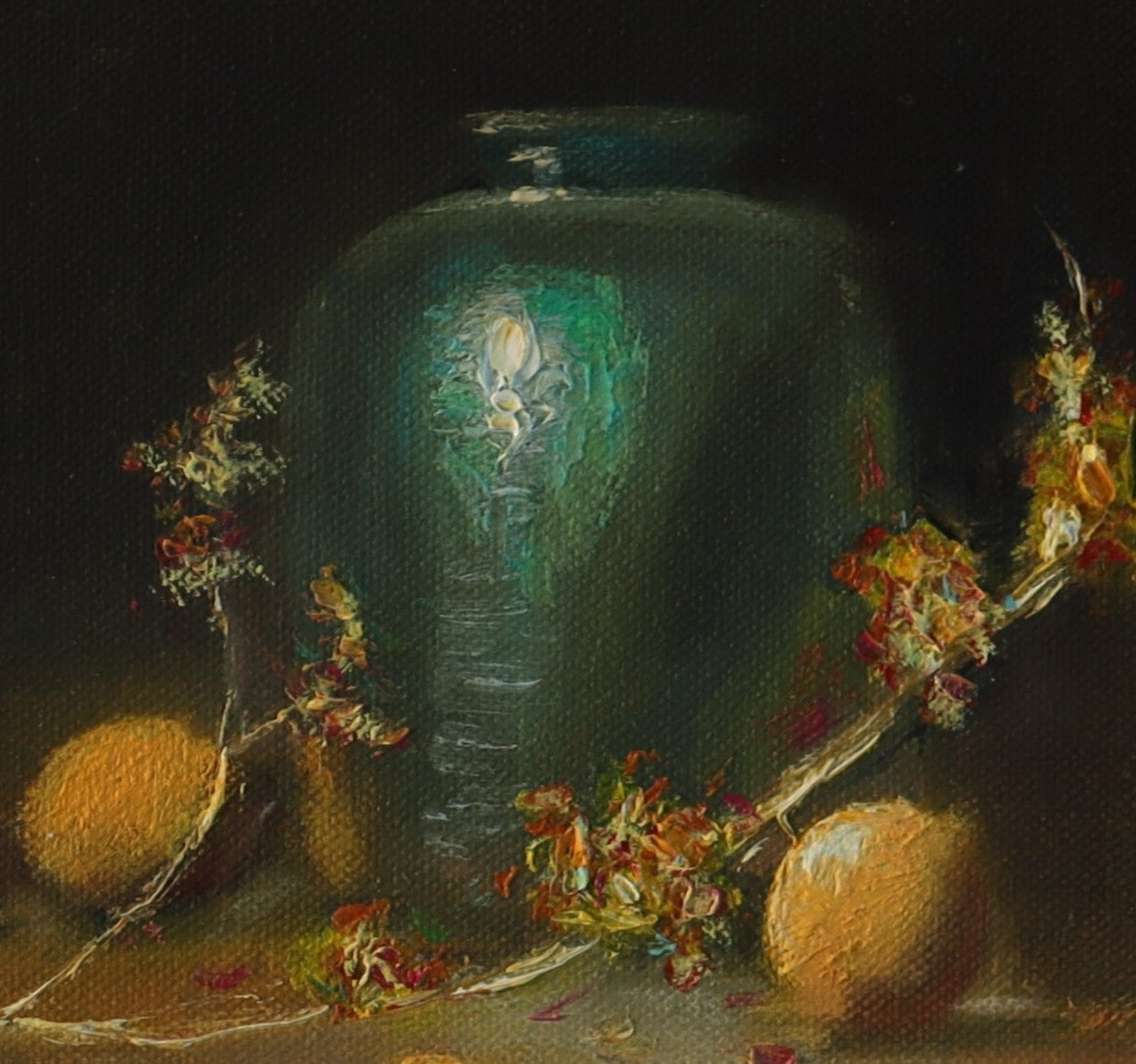 Close-up detail of Emerging from the Shadows - teal vase surface glowing with reflected light against deep dark background, expressive oil brushwork by Marta Stolarska