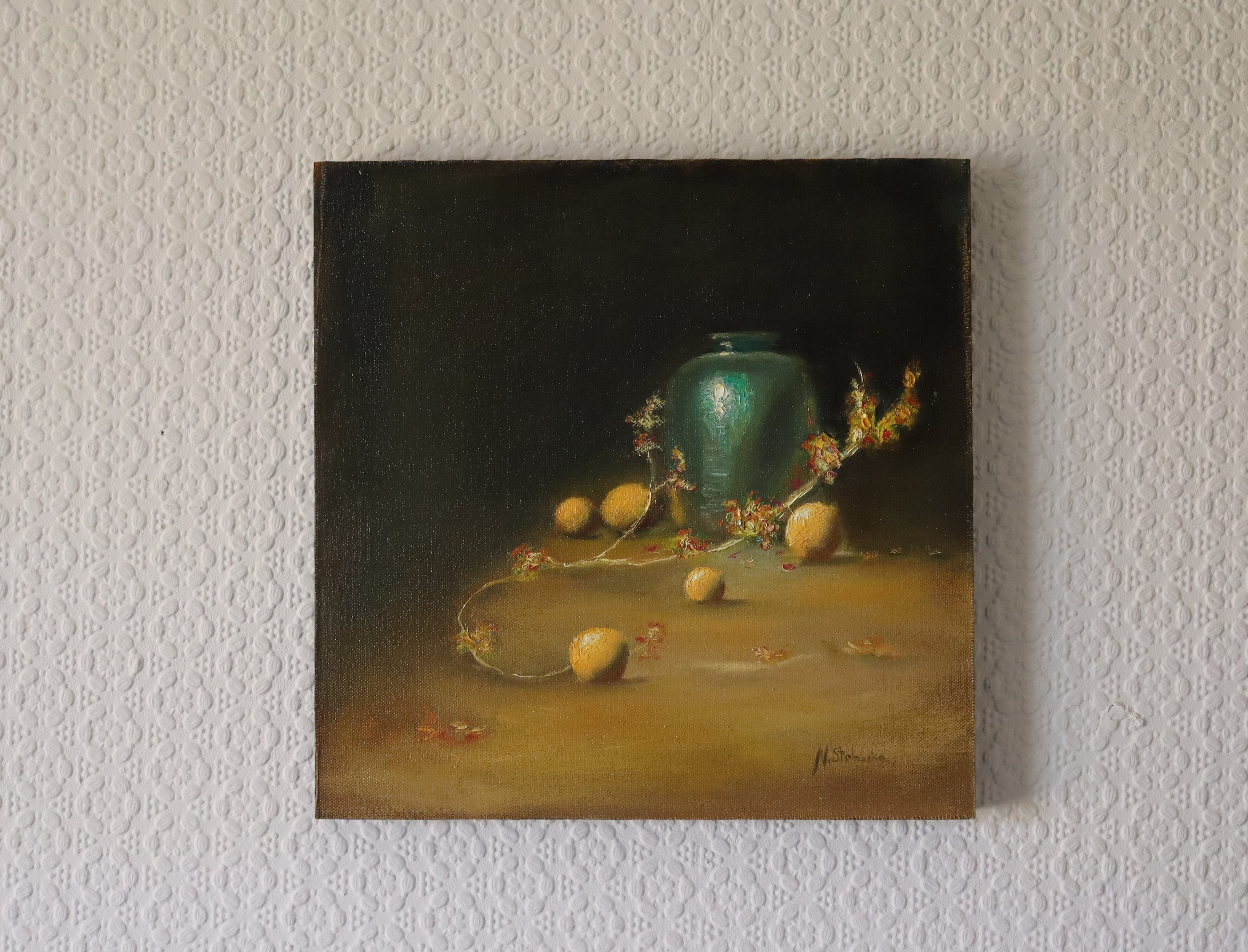 Emerging from the Shadows original oil still life hung on a wall - teal vase in dramatic chiaroscuro light with oranges and branch, 30x30cm cradled wooden panel by Marta Stolarska Fine Art, ready to hang