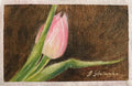 The First Sign of Spring - original oil painting by Marta Stolarska, a single pink tulip just opening against a warm golden-brown background, painted on handmade linen board, 10 x 15 cm