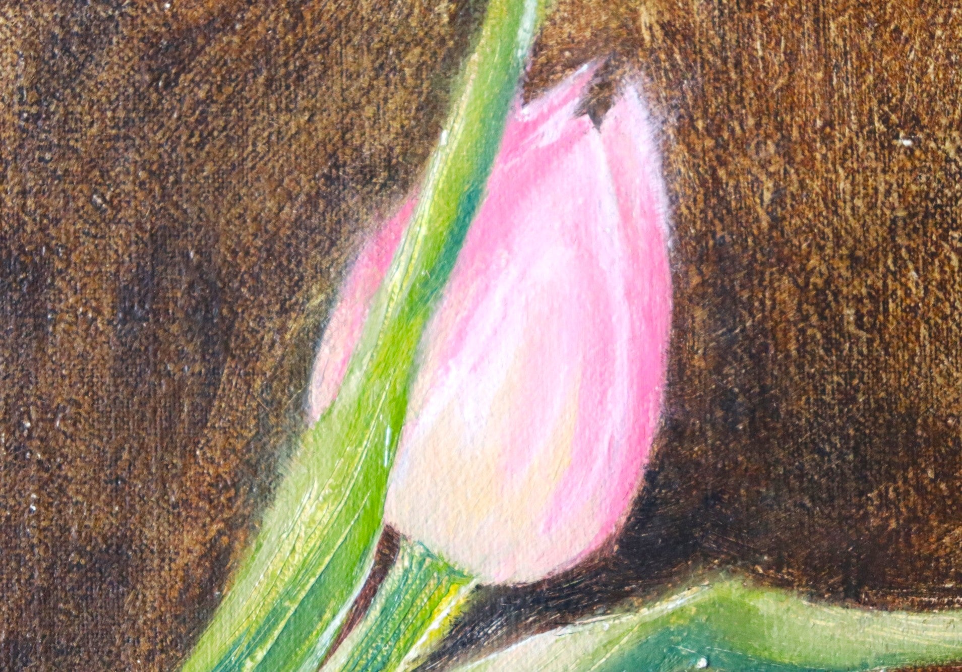 Close-up detail of The First Sign of Spring - soft pink tulip petals just beginning to open, expressive oil brushwork on handmade linen board by Marta Stolarska