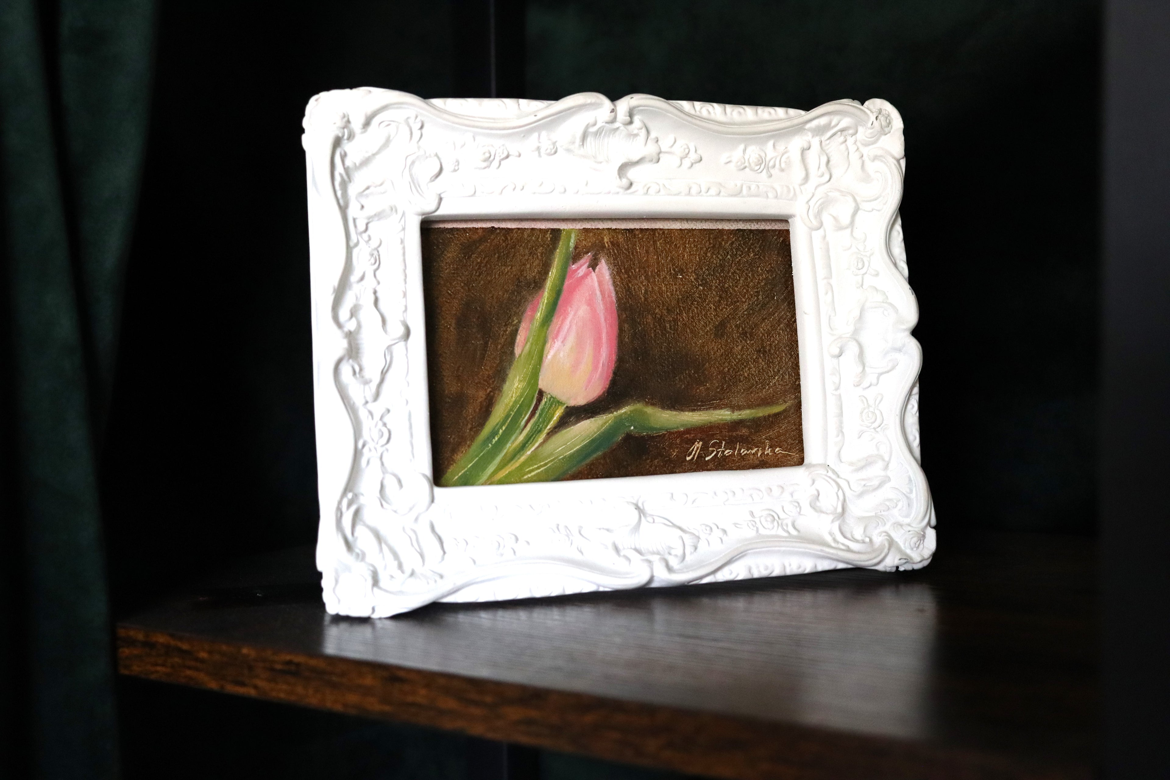 The First Sign of Spring original oil painting can be hung on a wall or placed as shown - pink tulip in ornate white rococo-style clay frame, approx. 18.5 x 23.5 cm, by Marta Stolarska Fine Art, can hang or stand