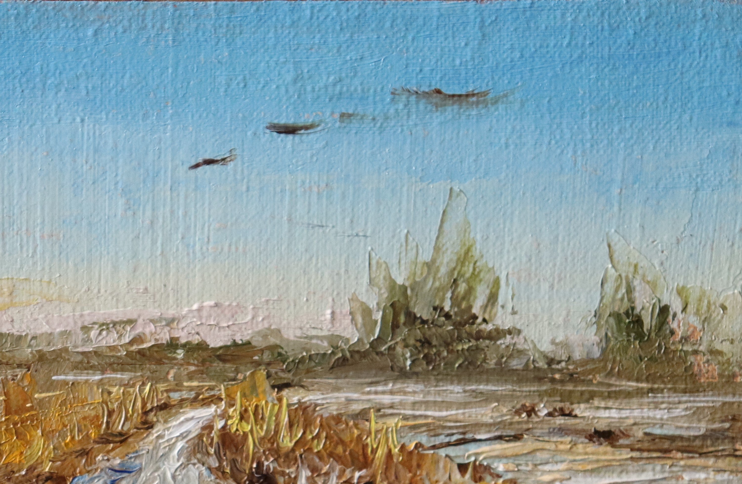 Painting of a rural landscape with a path, fields, and birds in the sky by a local artist. Original oil painting of geese in flight over snowy Oulton Broad marshes, snow-covered bridleway leading into scene