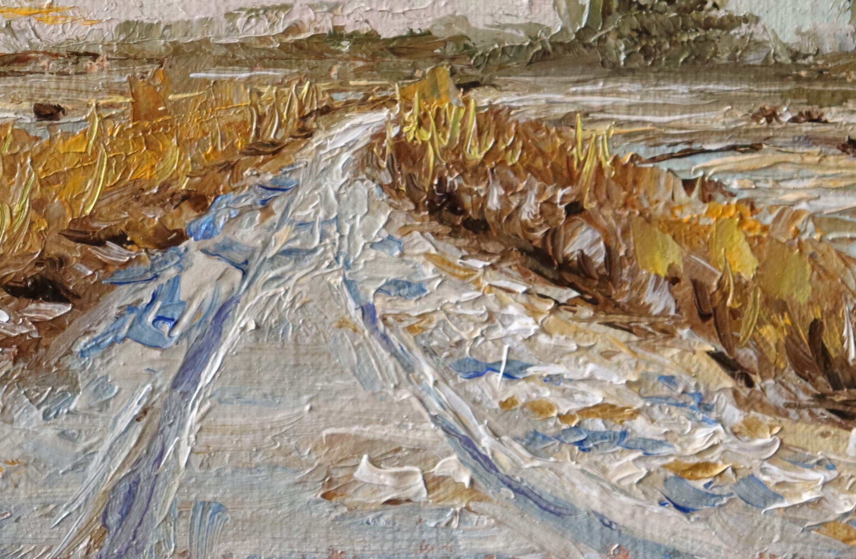 Painting of a rural landscape with a path, fields, and birds in the sky by a local artist. Original oil painting of geese in flight over snowy Oulton Broad marshes, snow-covered bridleway leading into scene