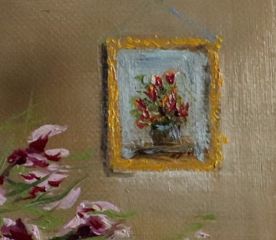 Close-up detail of Forgotten in Late Summer Heat - magenta plant petals and dark vase against a warm golden background, expressive oil brushwork on handmade linen board by Marta Stolarska