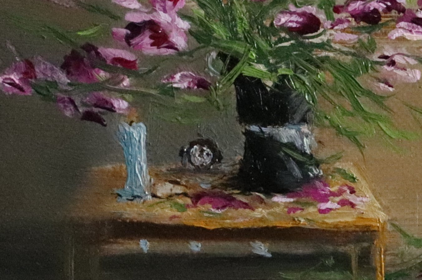 Close-up detail of Forgotten in Late Summer Heat - magenta plant petals and dark vase against a warm golden background, expressive oil brushwork on handmade linen board by Marta Stolarska