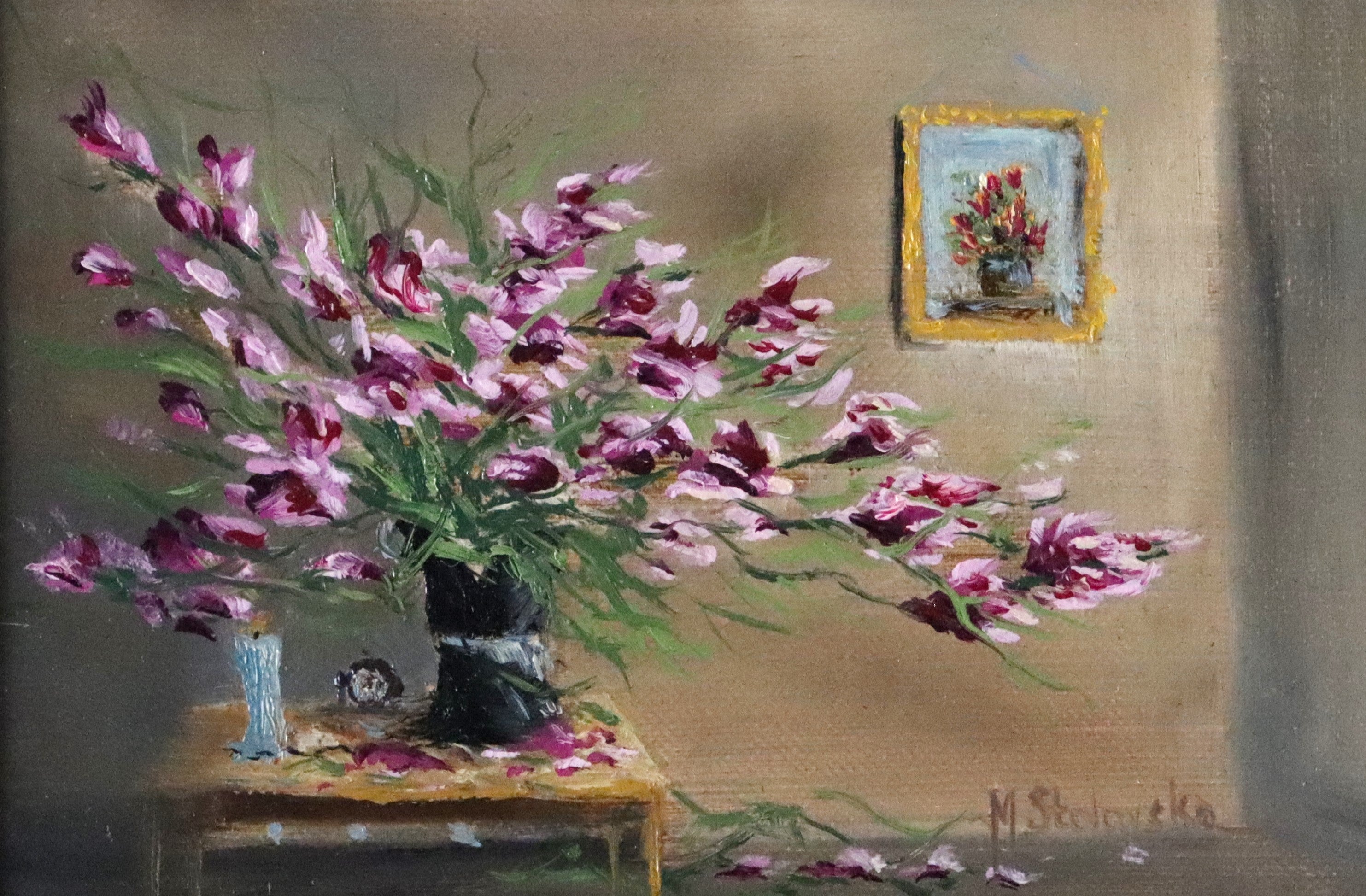 Forgotten in Late Summer Heat - original oil painting by Marta Stolarska, an overgrown magenta houseplant in a dark vase on a side table with a clock and unlit candle, imagined composition on handmade linen board, 15 x 10 cm landscape