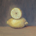 A painting of a very bright lemon with purplish background. Original oil painting of lemons, vibrant citrus still life with humour and warmth by Marta Stolarska