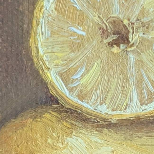 Close-up of a painted lemon with visible brush strokes on a textured background.A painting of a very bright lemon with purplish background. Original oil painting of lemons, vibrant citrus still life with humour and warmth by Marta Stolarska