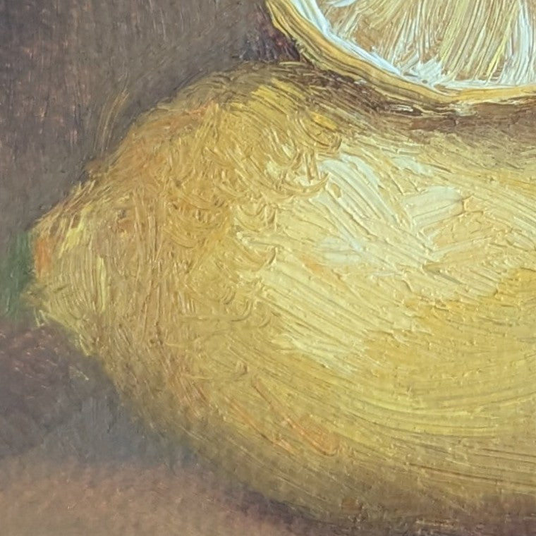 A painting of a very bright lemon with purplish background. Original oil painting of lemons, vibrant citrus still life with humour and warmth by Marta Stolarska