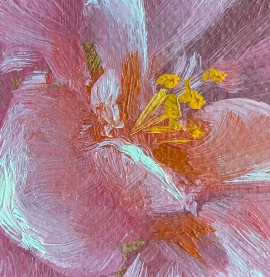 Close up of an Original oil painting of a fragrant camellia, soft layered petals in warm light by Marta Stolarska