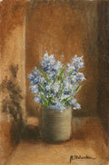 Fragrant Wildflowers - original oil painting by Marta Stolarska, blue wildflowers in a stoneware pot against a warm golden-brown background, picked on a walk and painted from life on handmade linen board, 10 x 15 cm