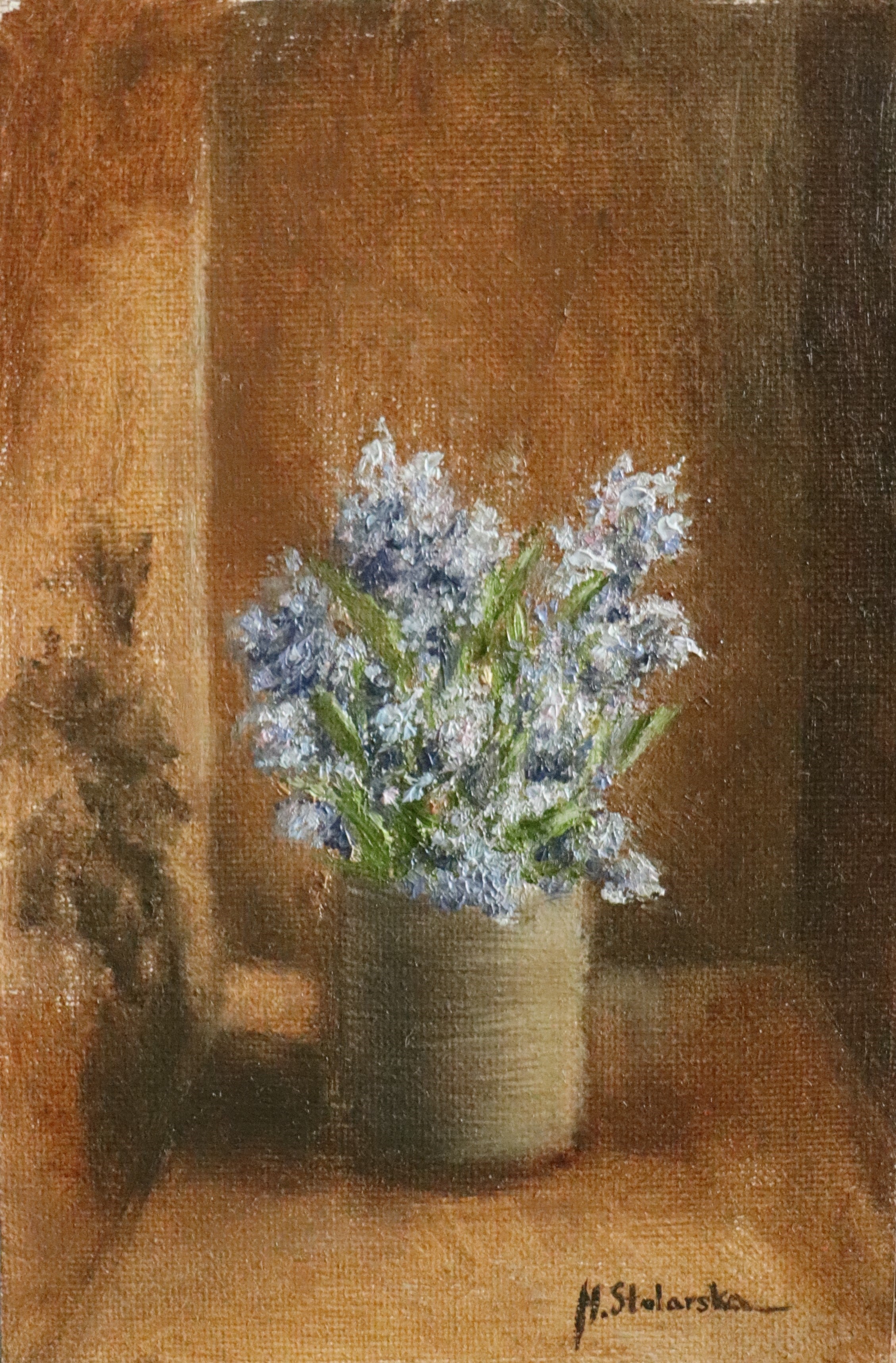 Fragrant Wildflowers - original oil painting by Marta Stolarska, blue wildflowers in a stoneware pot against a warm golden-brown background, picked on a walk and painted from life on handmade linen board, 10 x 15 cm