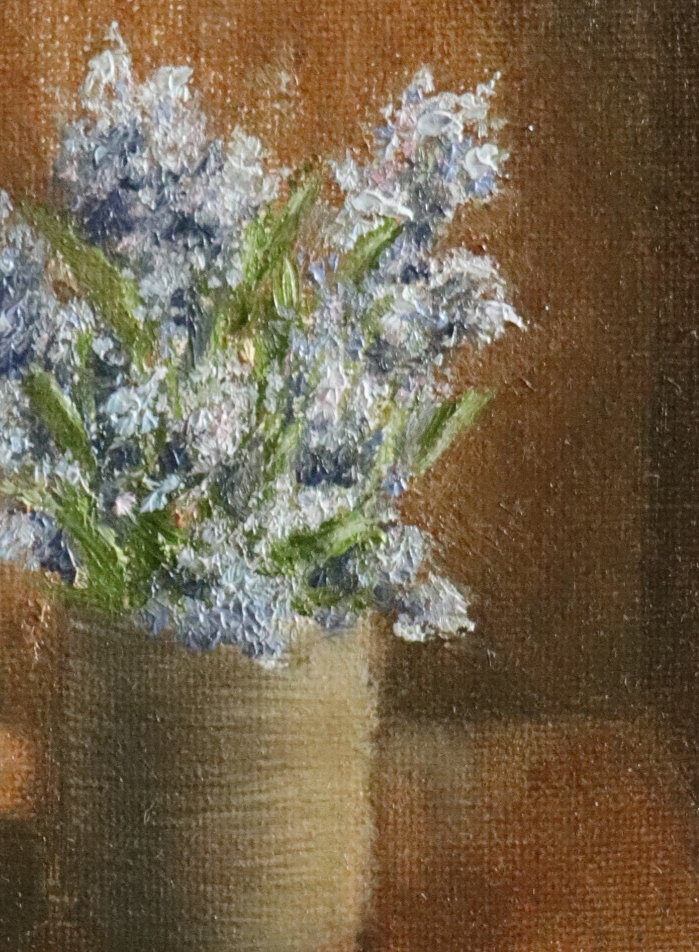 Close-up detail of Fragrant Wildflowers - delicate blue wildflower sprigs in a stoneware pot, expressive oil brushwork on handmade linen board by Marta Stolarska