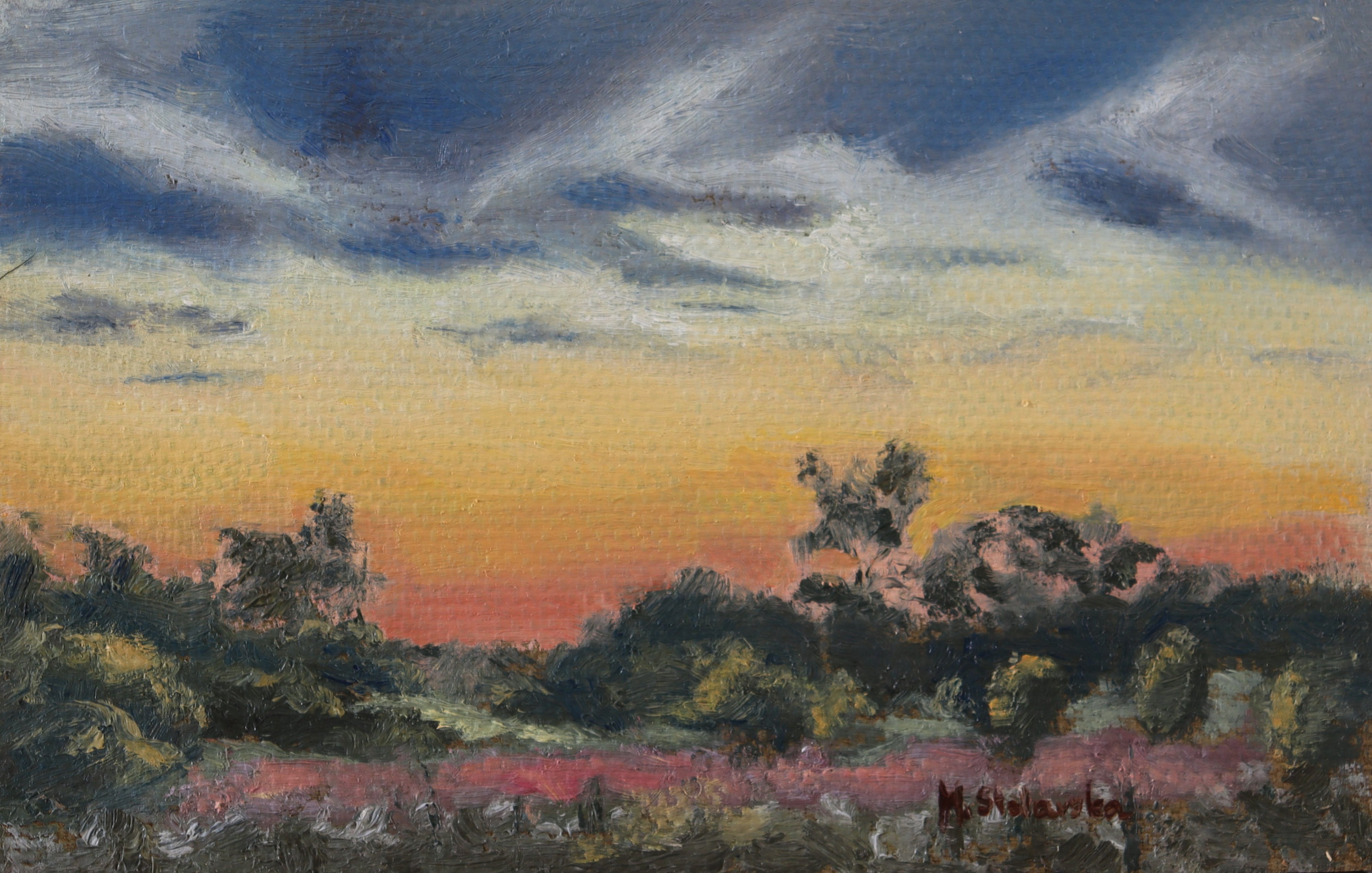 Painting by a local artist. Original oil painting of sunset from Frankley south-west Birmingham, wide views over the city, Lickey Hills