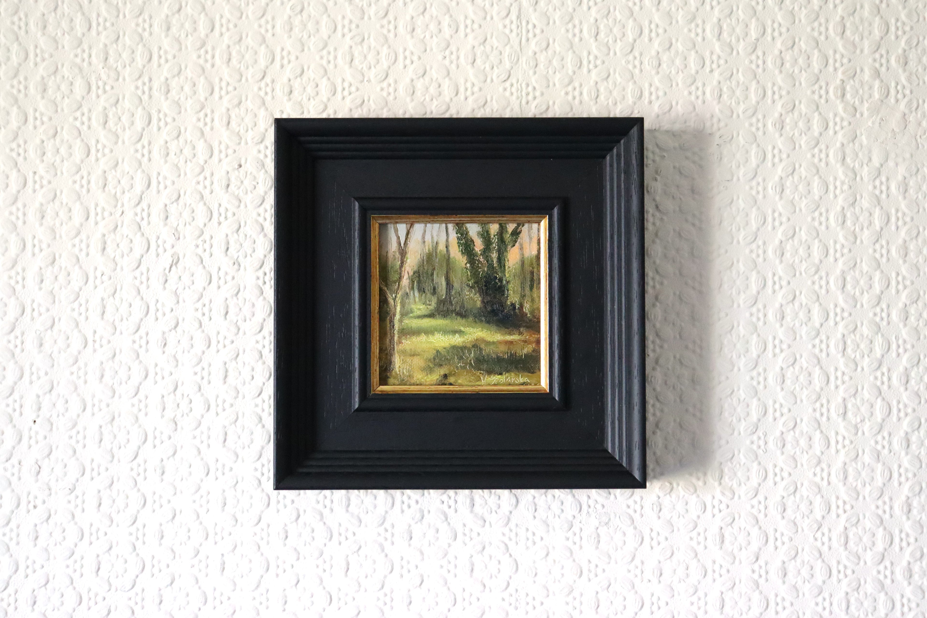 Framed, lifestyle of an Original oil painting of Frankley Bog Lickey Hills Birmingham at dawn, hidden wetland with early morning light and birdsong