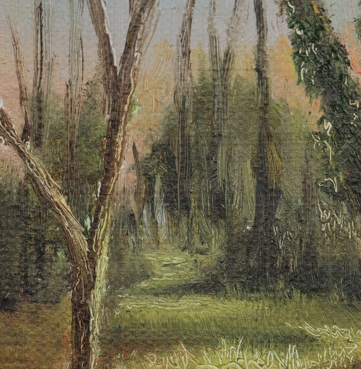 Painting of a forest scene with trees and underbrush