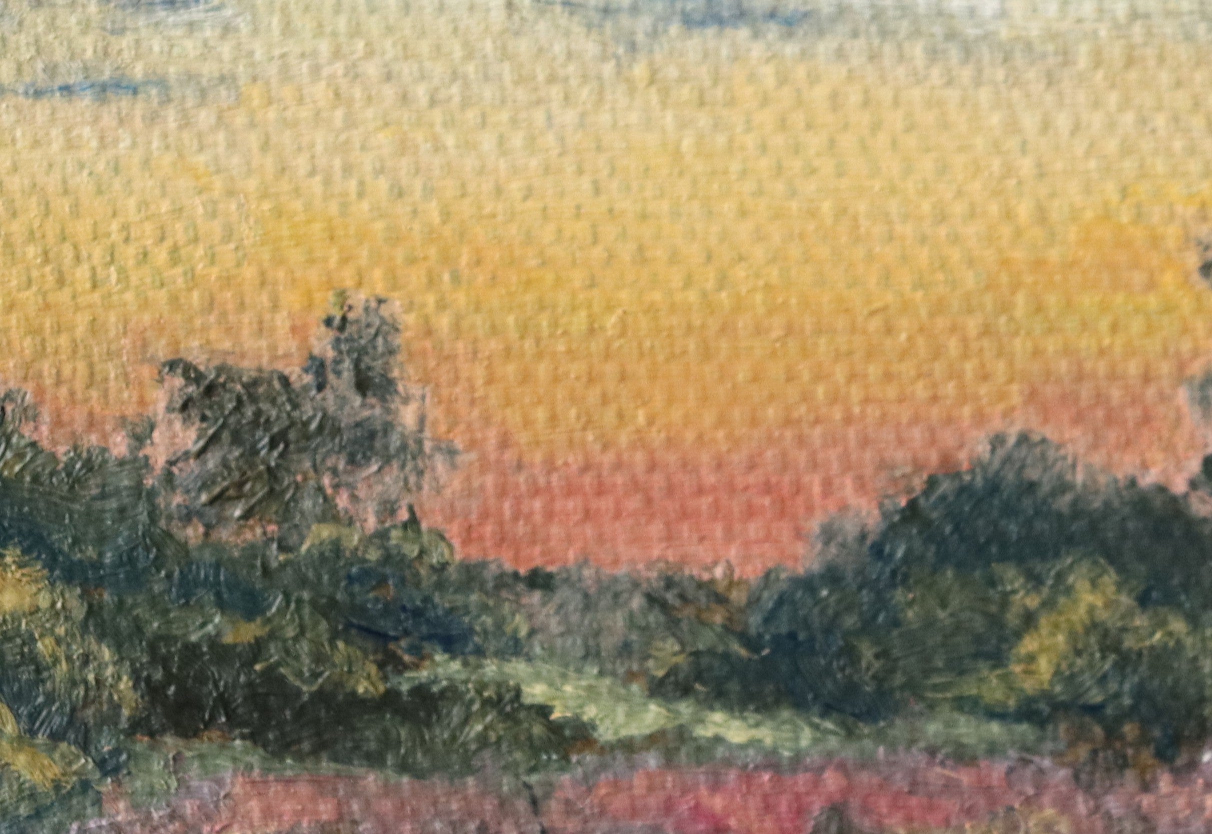Painting by a local artist. Original oil painting of sunset from Frankley south-west Birmingham, wide views over the city, Lickey Hills
