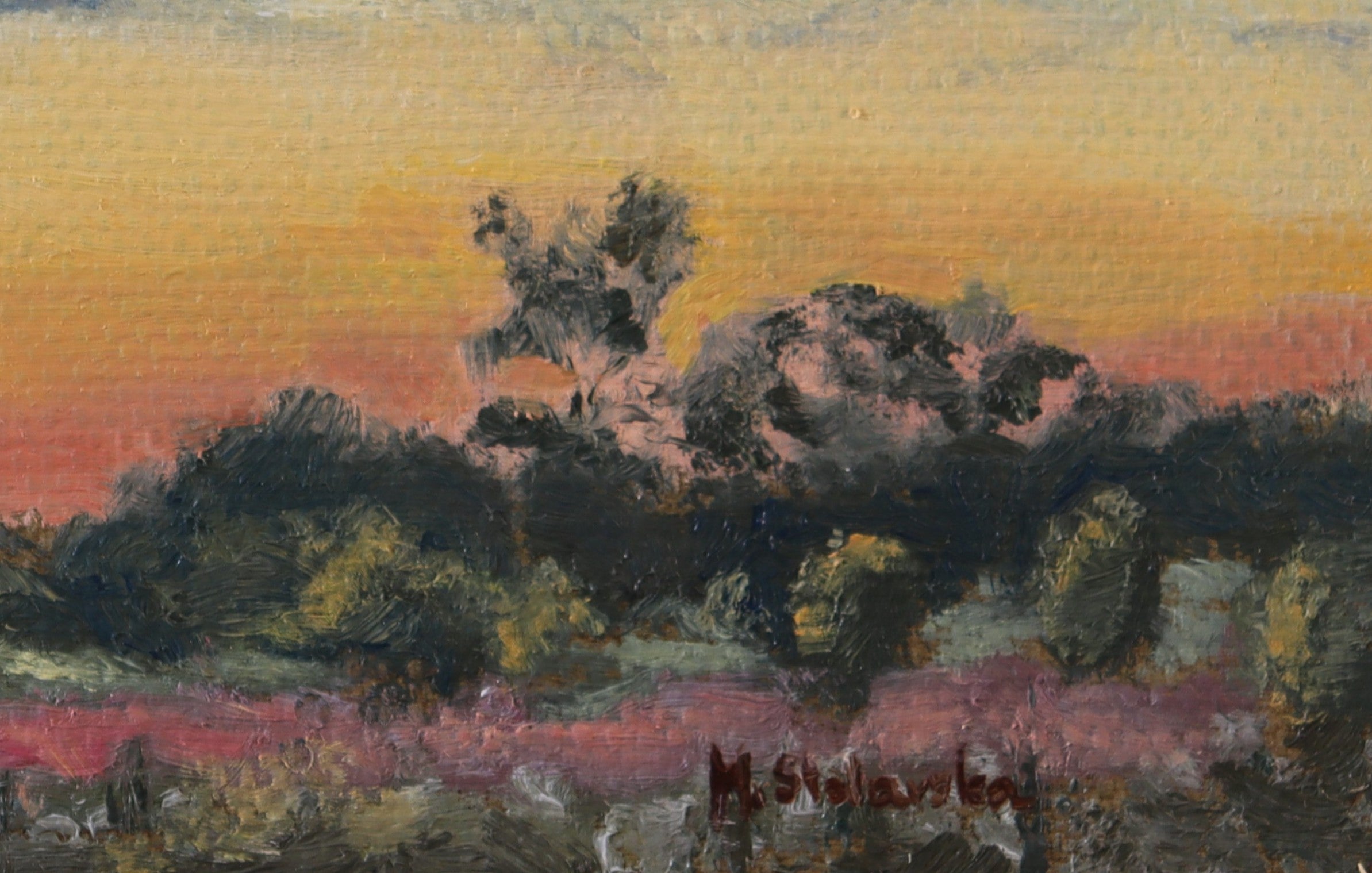 Painting by a local artist. Original oil painting of sunset from Frankley south-west Birmingham, wide views over the city, Lickey Hills