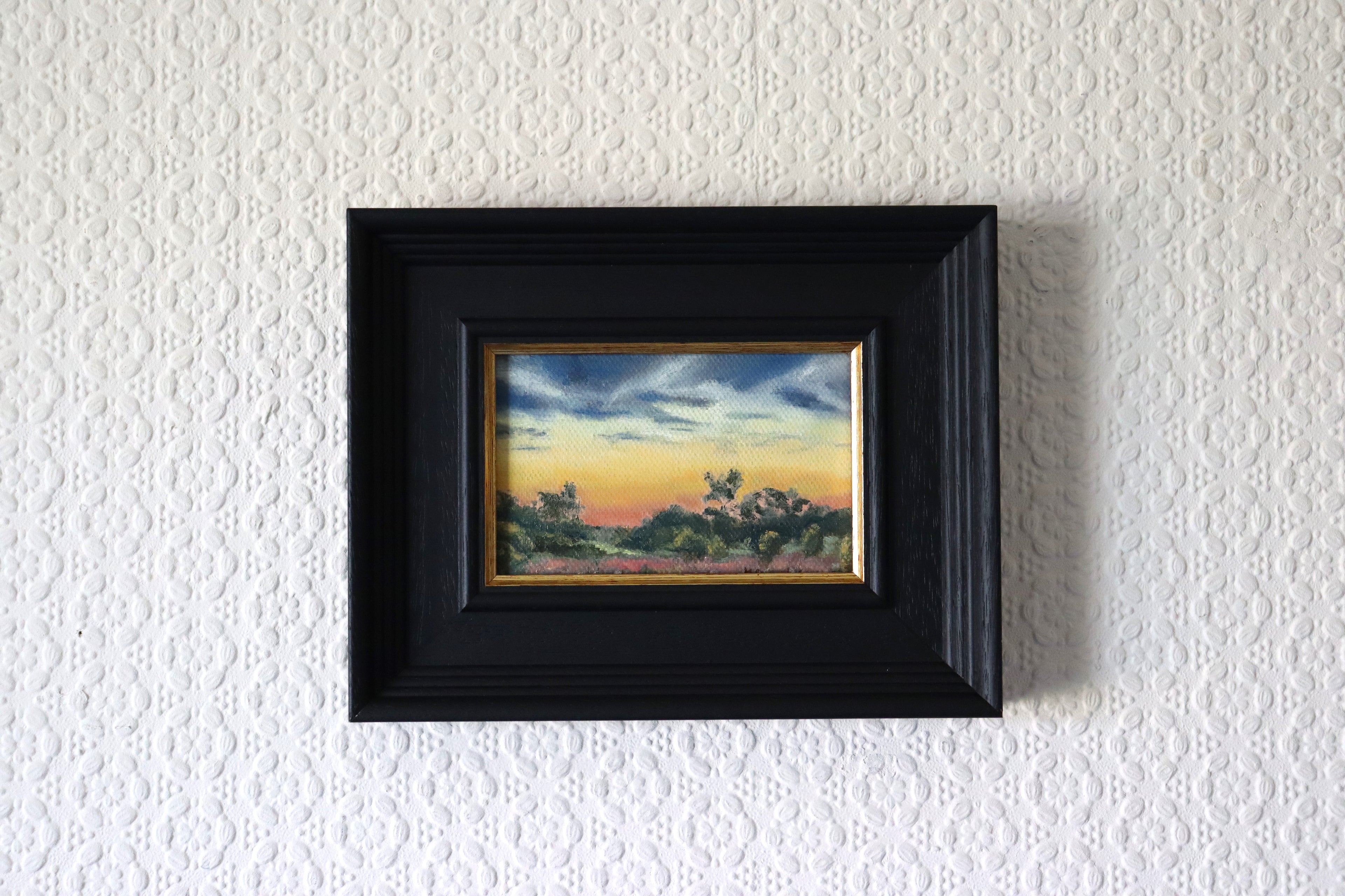 Painting by a local artist. Original oil painting of sunset from Frankley south-west Birmingham, wide views over the city, Lickey Hills