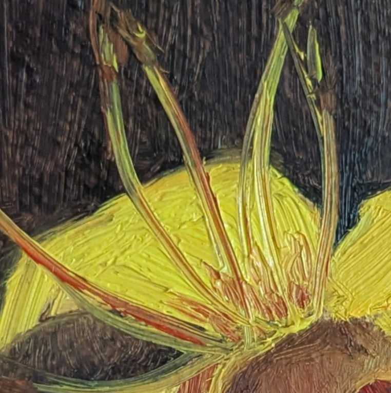 Original oil painting of a yellow lily, vibrant floral still life by Marta Stolarska Fine Art