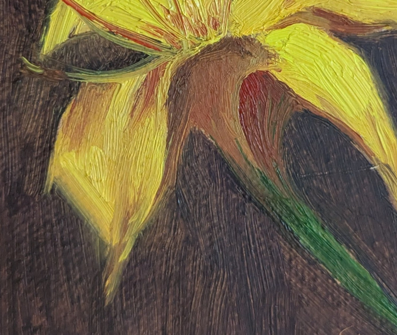 Close-up of a painting of a Original oil painting of a yellow lily, vibrant floral still life by Marta Stolarska Fine Art