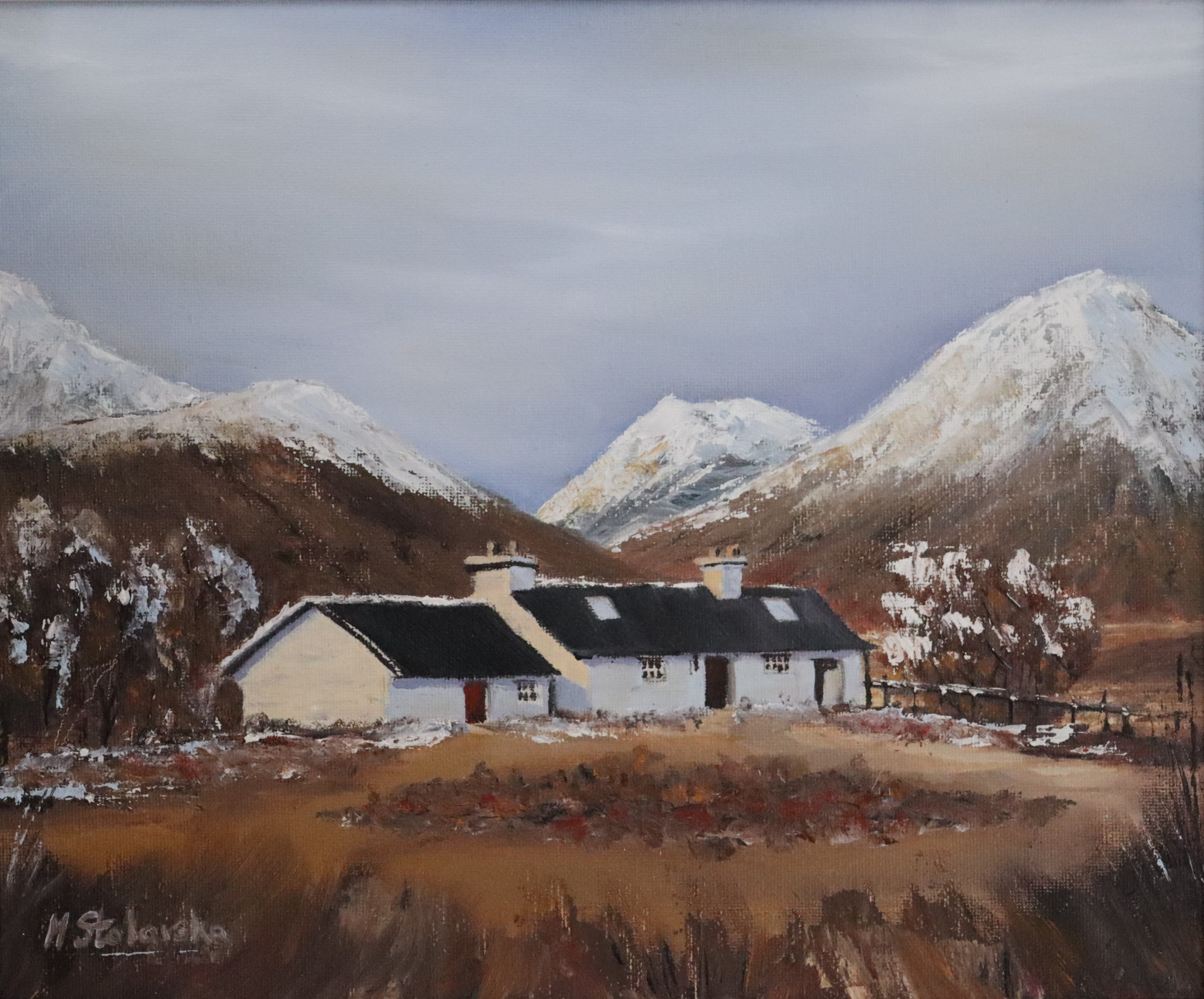 Original oil painting of iconic cottage in Glencoe Scotland in winter, snow-capped mountains, white frame.
