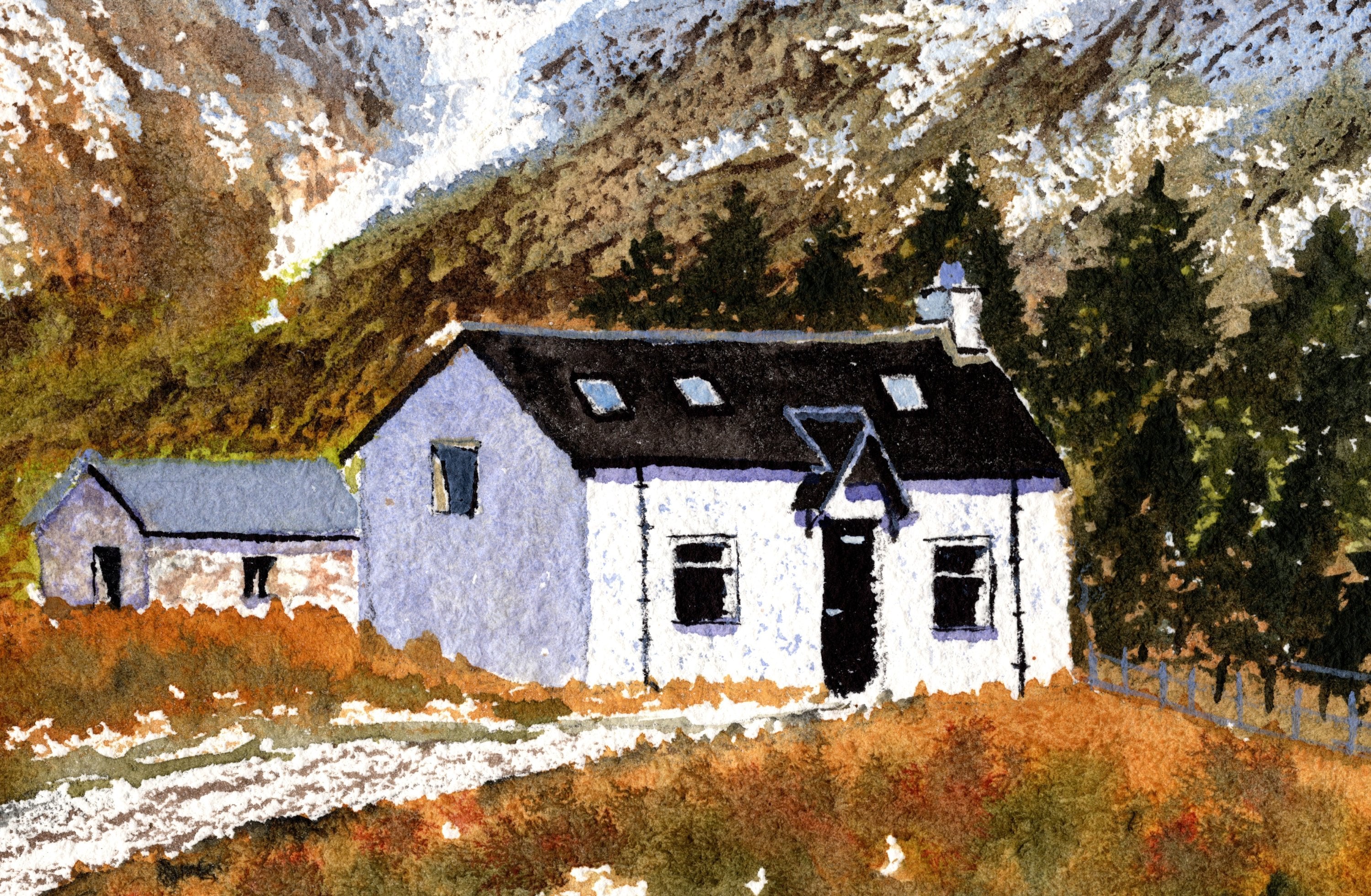 Original watercolour painting of Lagangarbh Cottage Glencoe in autumn, snow-capped Buachaille Etive Mor behind, framed