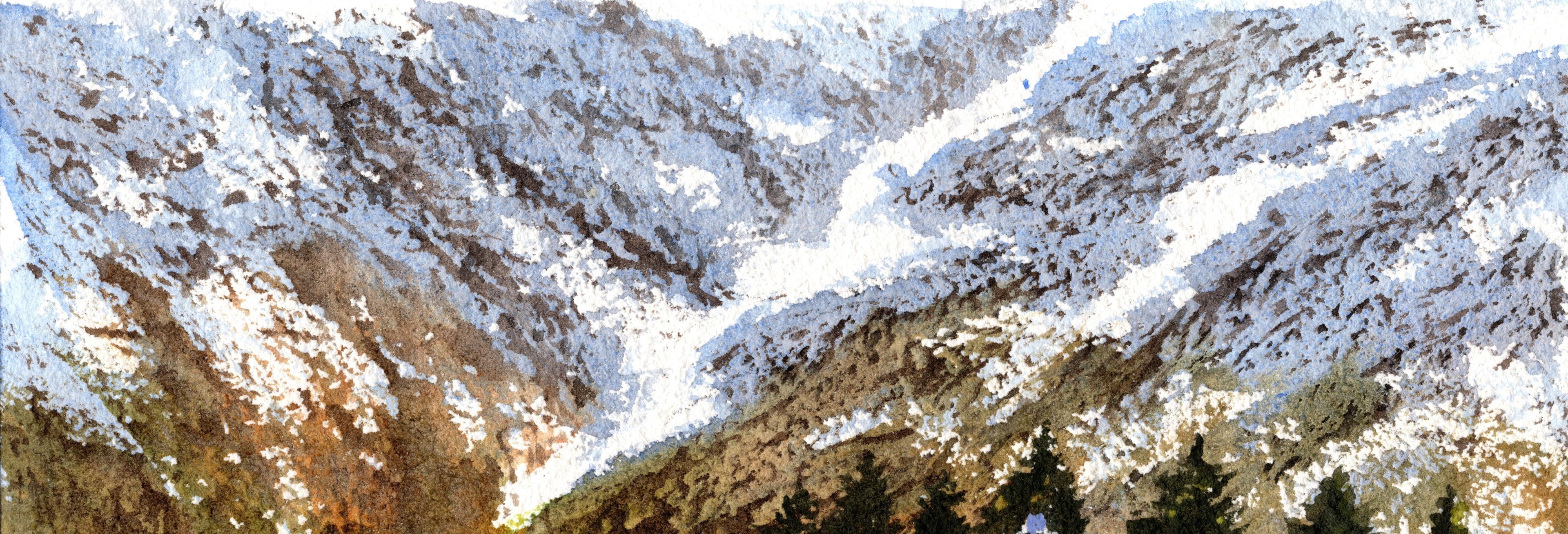 close up of an Original watercolour painting of Lagangarbh Cottage Glencoe in autumn, snow-capped Buachaille Etive Mor behind, framed