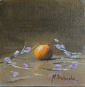 Original oil painting of a glowing orange surrounded by delicate flowers, bold citrus against soft florals