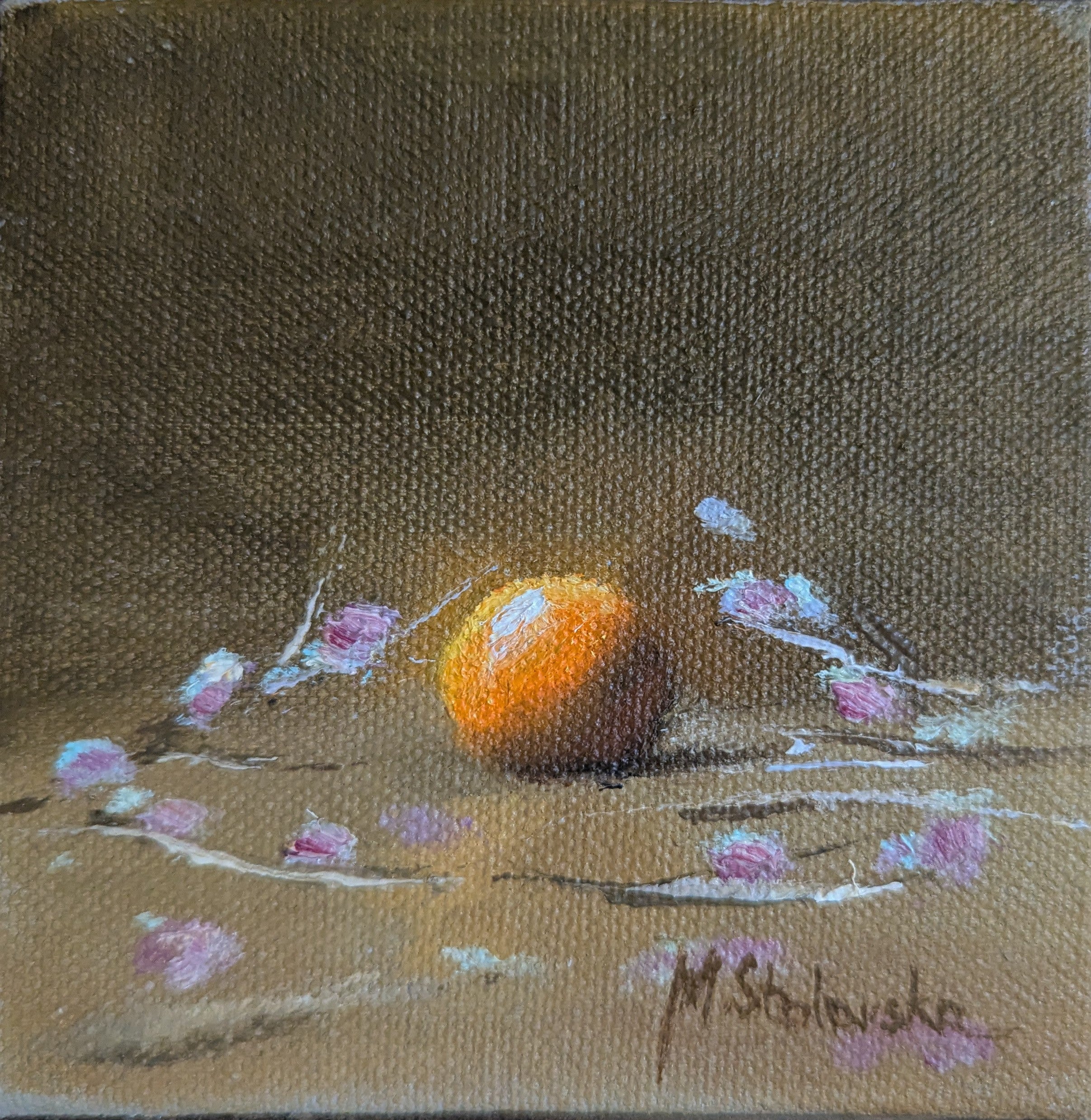 Original oil painting of a glowing orange surrounded by delicate flowers, bold citrus against soft florals