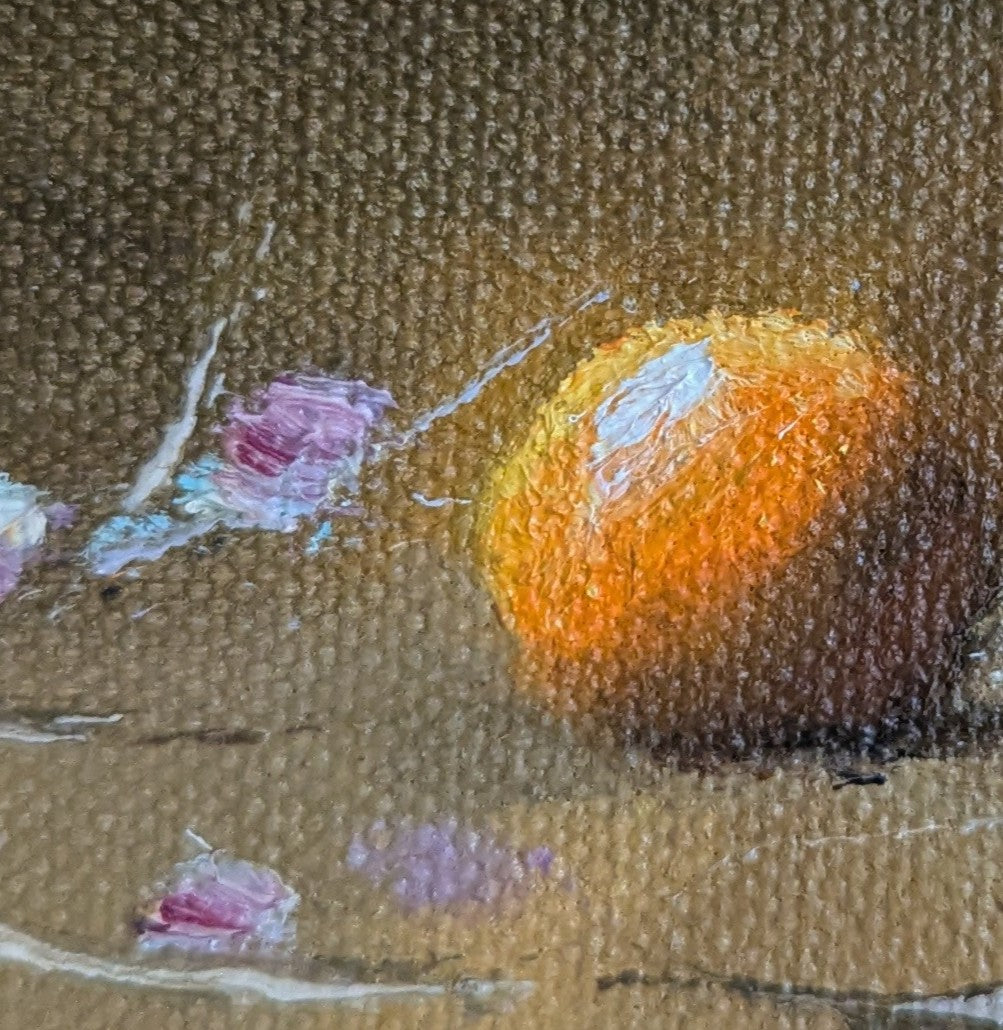 Original oil painting of a glowing orange surrounded by delicate flowers, bold citrus against soft florals