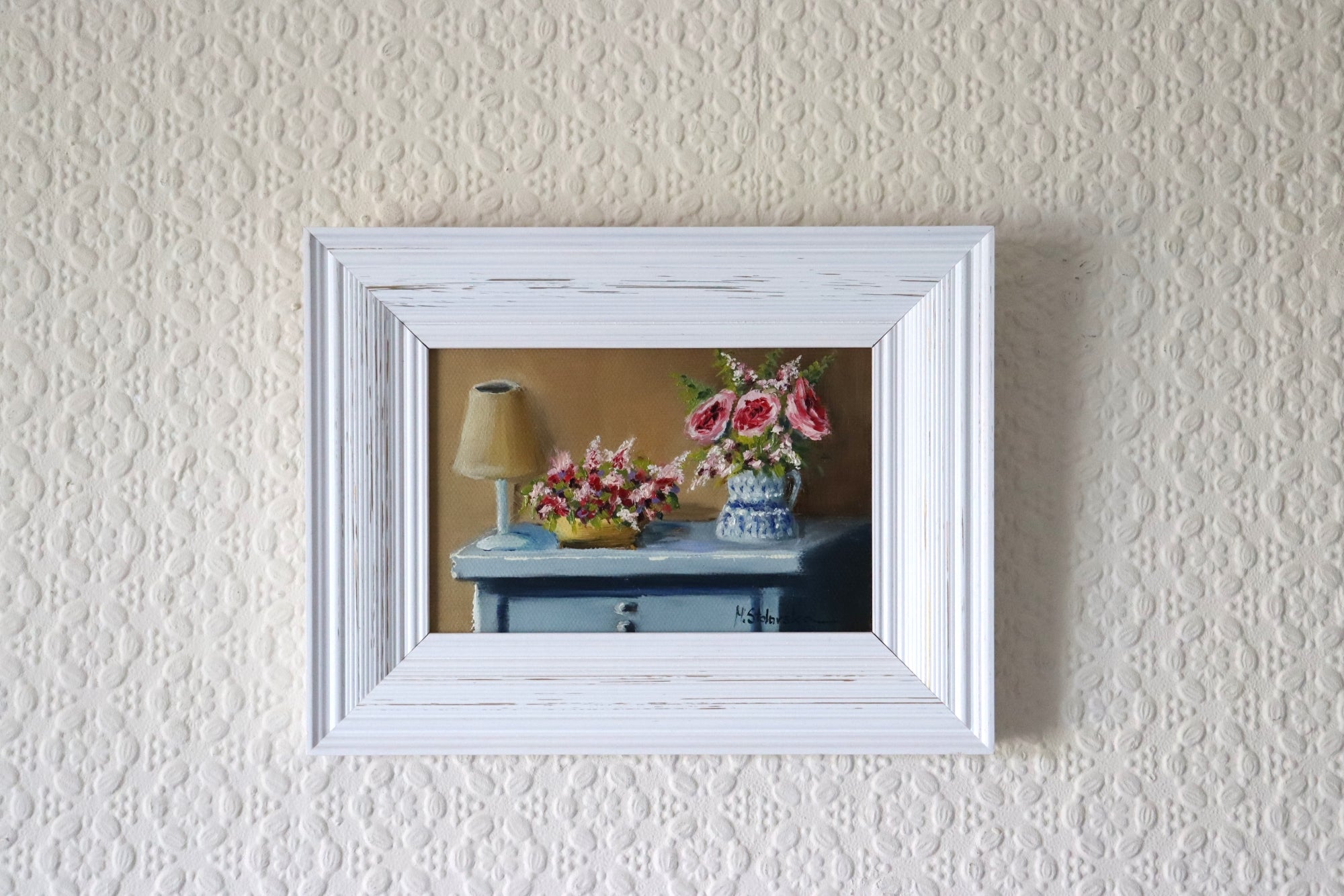 Grandma's Dresser original oil painting in ridged white wooden frame, approx. 18.5 x 23.5 cm, by Marta Stolarska Fine Art, ready to hang