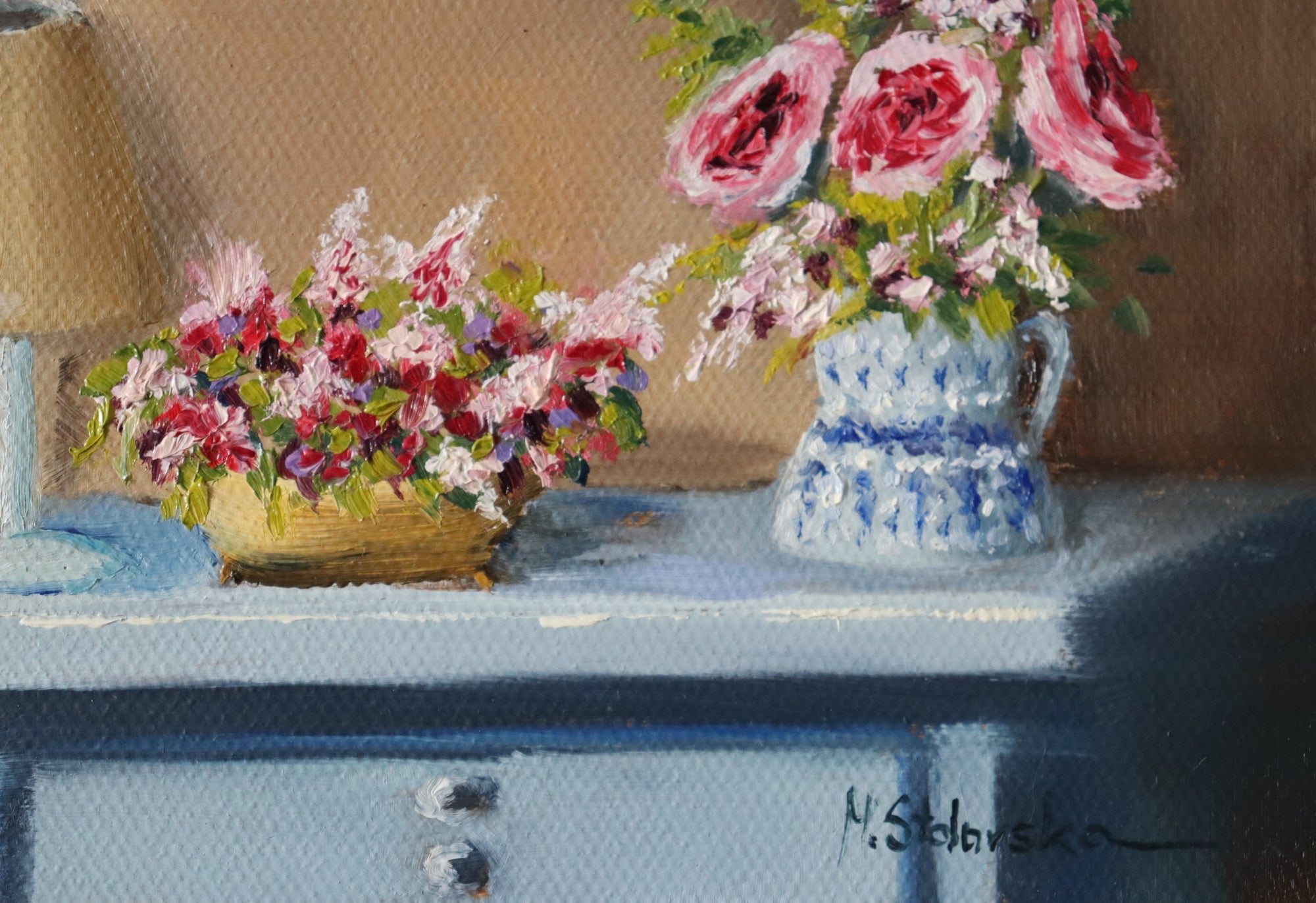 Close-up detail of Grandma's Dresser - pink roses in a blue and white jug beside a small lamp, warm nostalgic oil brushwork on handmade linen board by Marta Stolarska