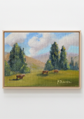 Original oil painting of cattle or sheep grazing with a view over open landscape, Suffolk countryside