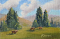 Original oil painting of cattle or sheep grazing with a view over open landscape, Suffolk countryside