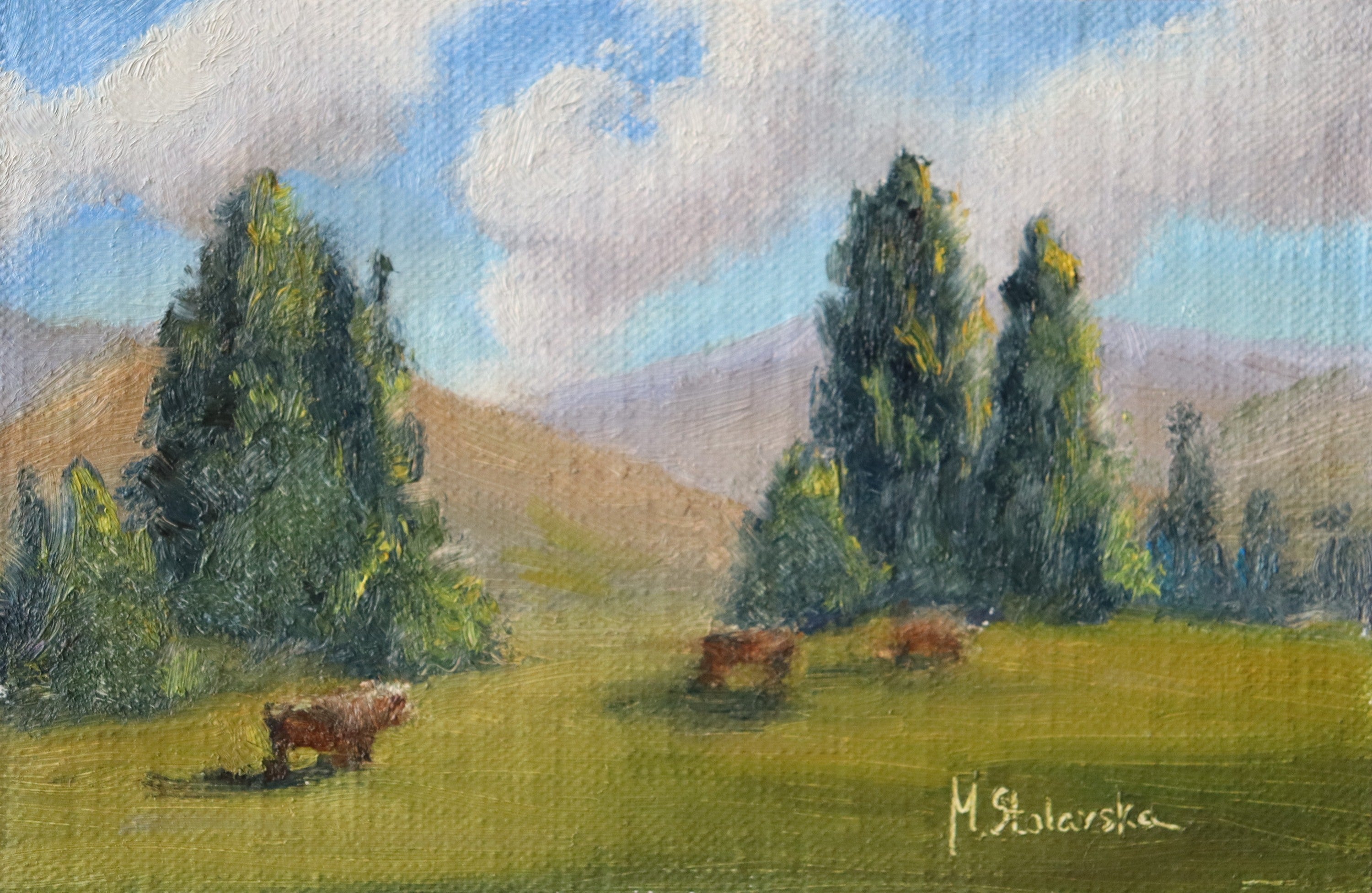 Original oil painting of cattle or sheep grazing with a view over open landscape, Suffolk countryside