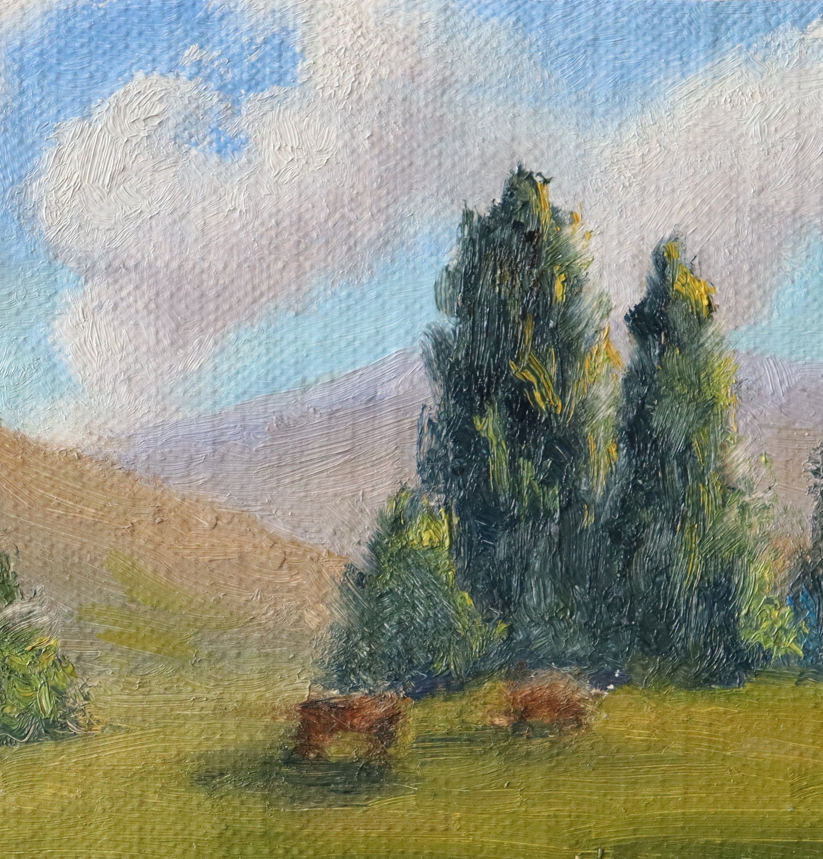 Original oil painting of cattle or sheep grazing with a view over open landscape, Suffolk countryside